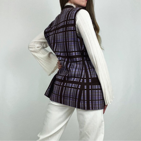 Vintage Pure Wool Gina Teresa Button-Front Plaid Knit Vest in Purple & Brown | L - Picture 6 of 10